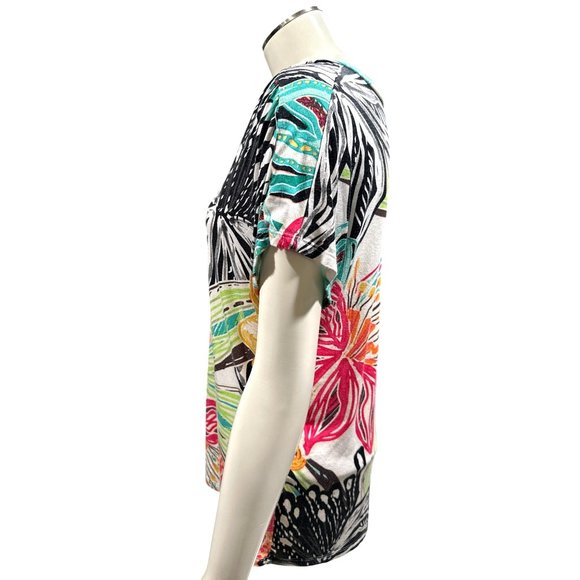 Chicos Short Sleeve Blouse Vibrant Multi Colored Floral Abstract Print V Neck - Picture 2 of 10